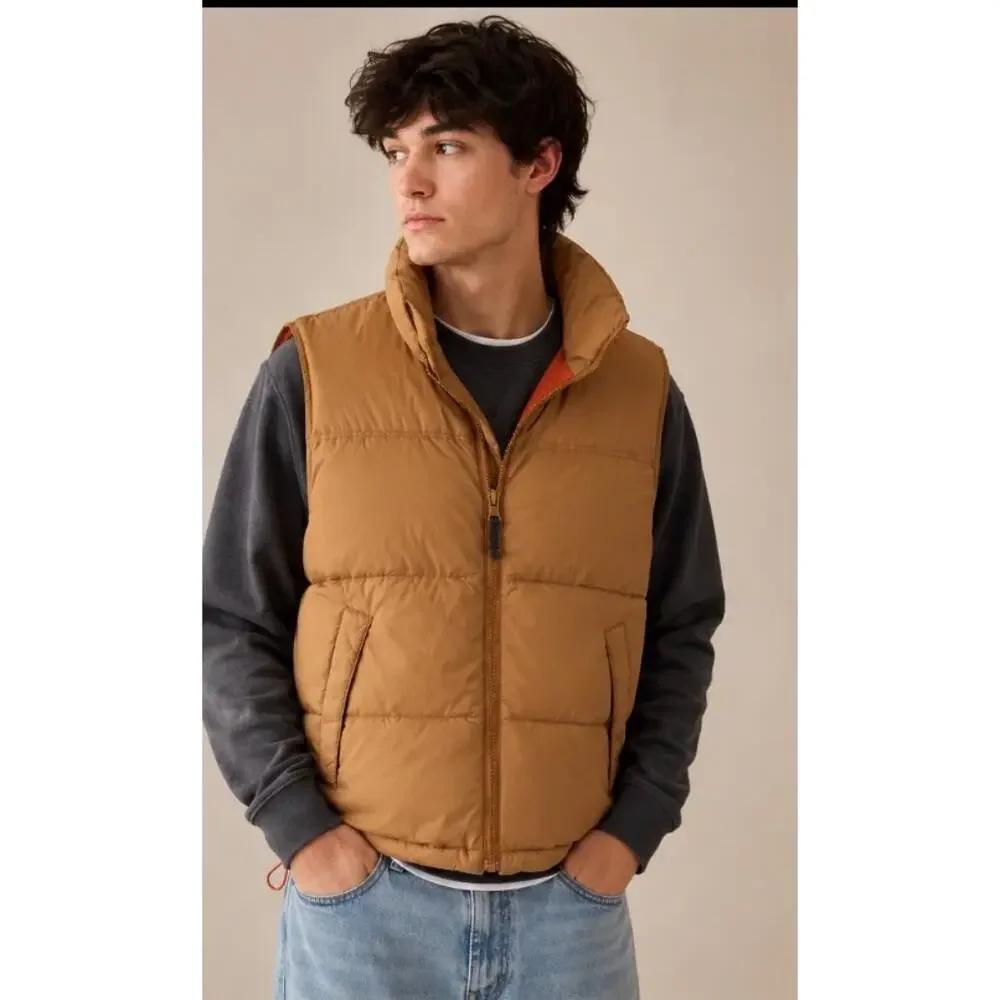 American Eagle Brown Puffer Vest Y2K USAE 1977 Expedition Hood Mens Size XS
